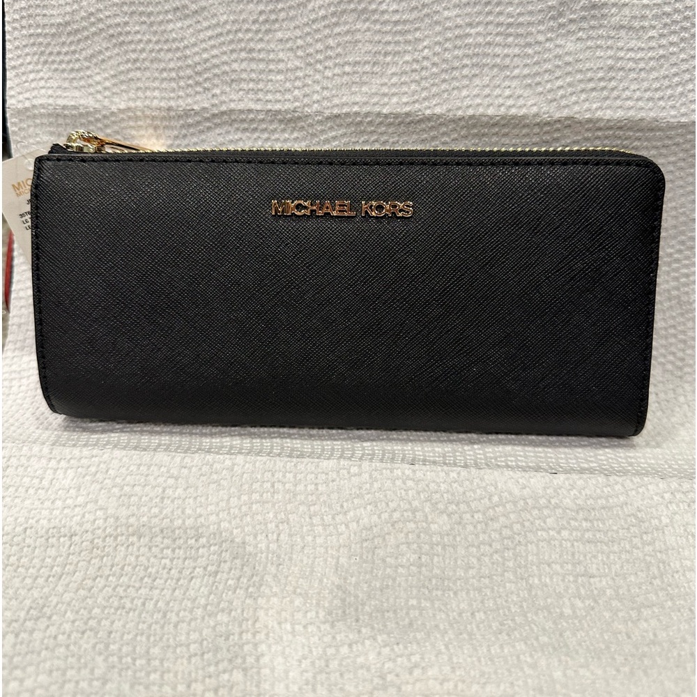Michael Kors Large Jet Set Travel Leather Quarter-Zip Wallet Black Brand New